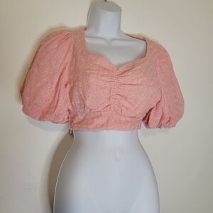 Chicwish pink cottagecore crop top w/puffy sleeves and floral embroidery